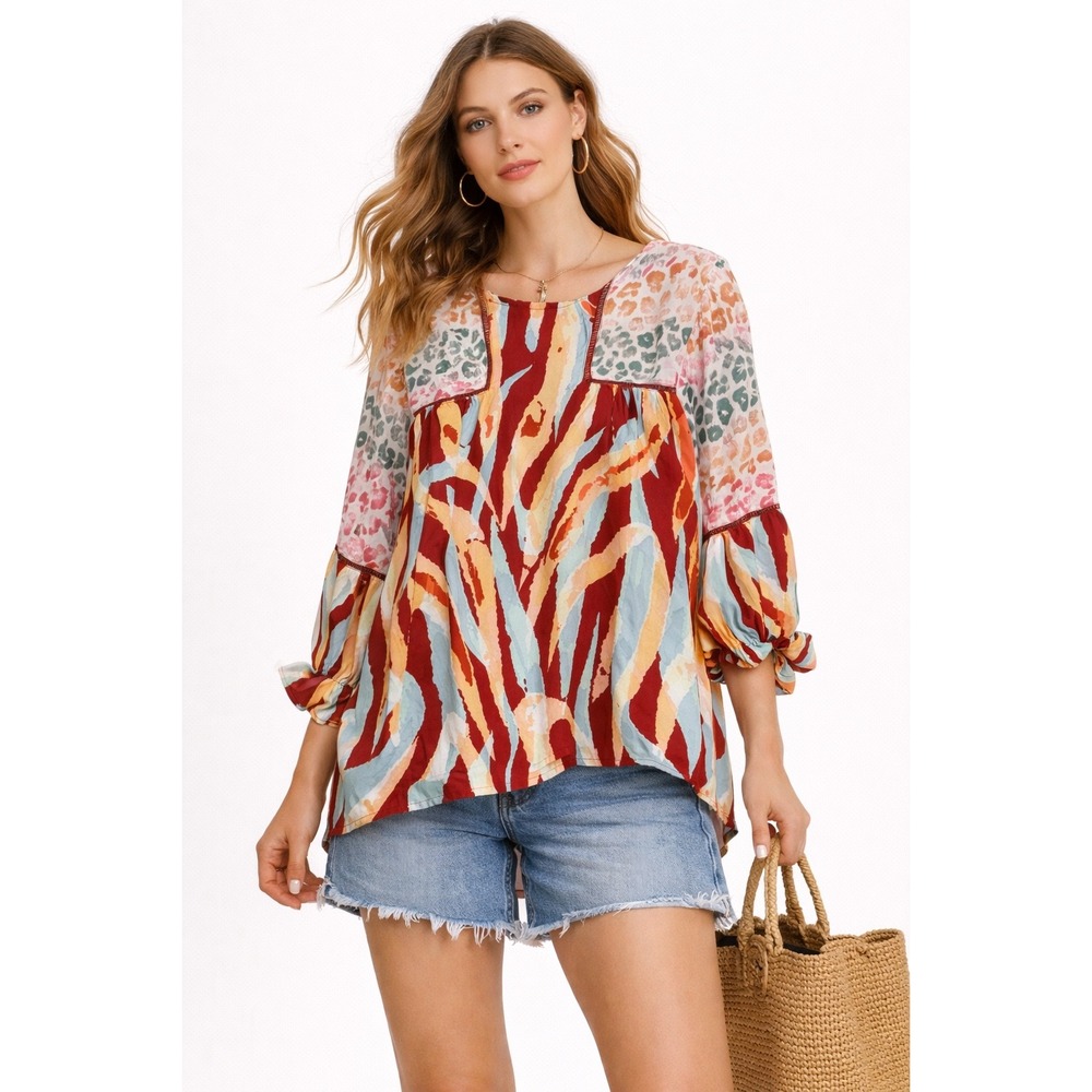 Umgee Womens Mixed Animal Print Babydoll Blouse Red Blue K6699 Small‎ NWT